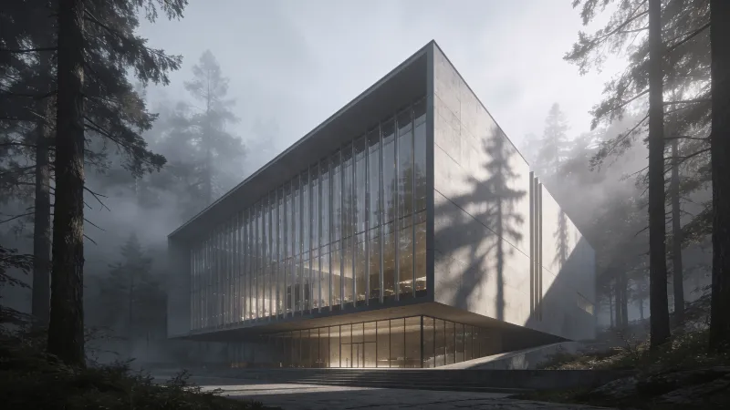 Cultural Center with Glass Curtain Wall — Misty Forest