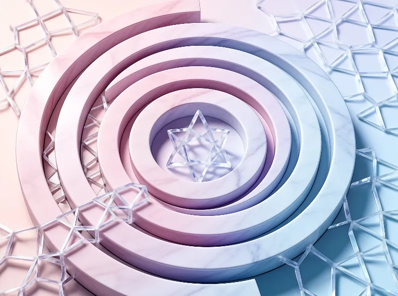 Concentric marble rings in a pink to blue gradient cradle a central clear six-pointed glass star with scattered transparent geometric glass pieces around the edges