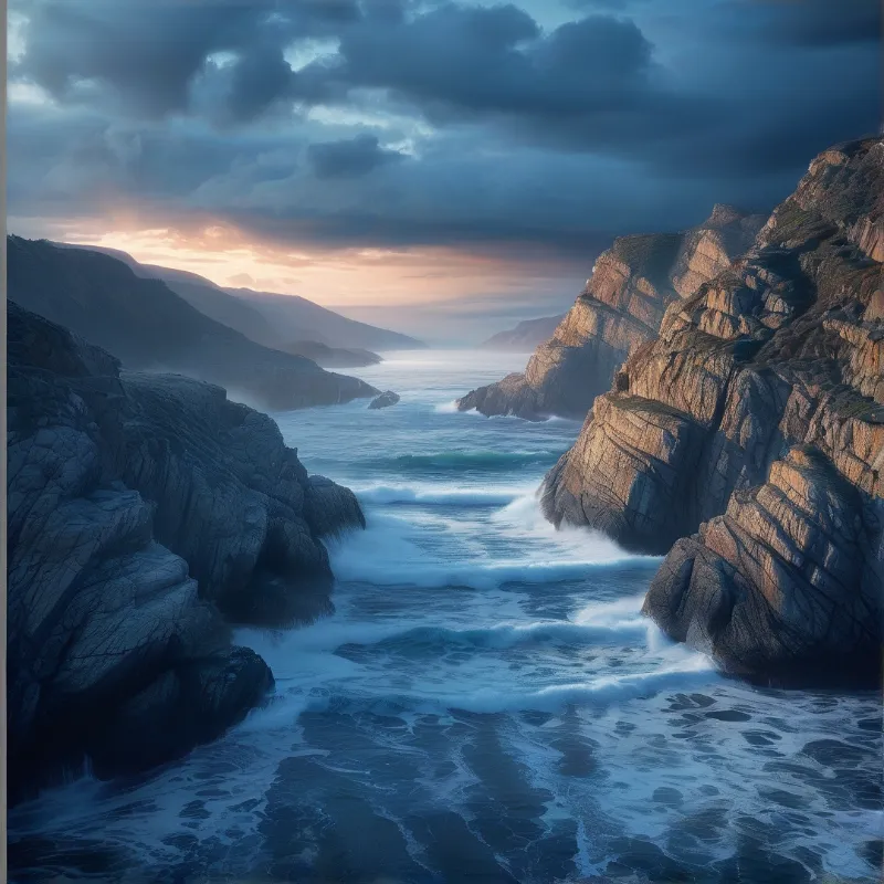Steep rocky cliffs on either side funnel foaming turquoise waves toward a distant shore under a stormy sunset sky.