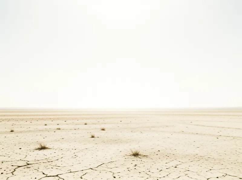 A vast arid plain features dry cracked ground scattered with small tufts of grass beneath a pale hazy sky.