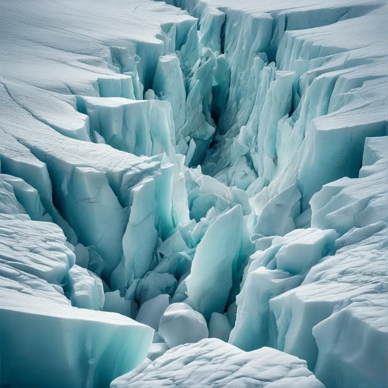 View of a glacier system featuring deep jagged crevasses filled with blue ice and shadowed depths under bright daylight.