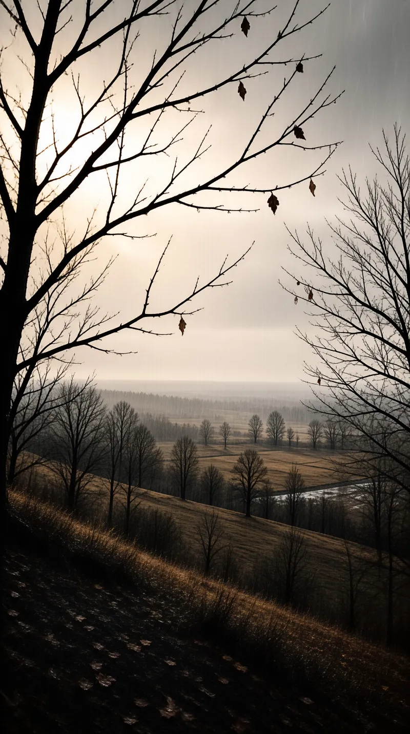 Leafless trees frame brown slopes descending into a foggy valley where distant forest lines are obscured by haze.