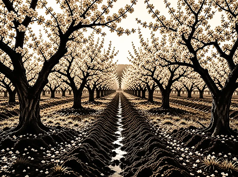 Dark trunks arch over furrowed soil as pale spring blossom fills a tree-lined avenue toward the horizon.