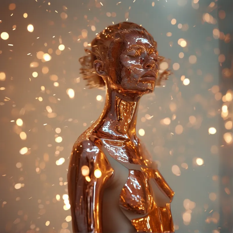 A glossy amber female figure stands with eyes closed while golden bokeh sparks float all around her.