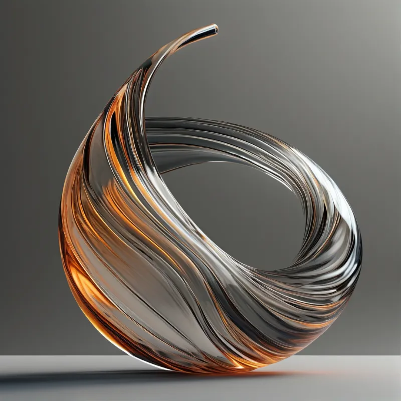 A glossy twisted object with orange and dark stripes loops against a gray background showing smooth curved reflections.