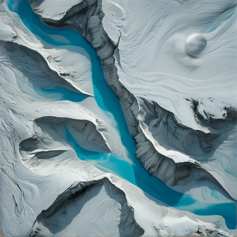 An aerial view follows a bright blue-green stream winding between sculpted pale ridges and a smooth white dome