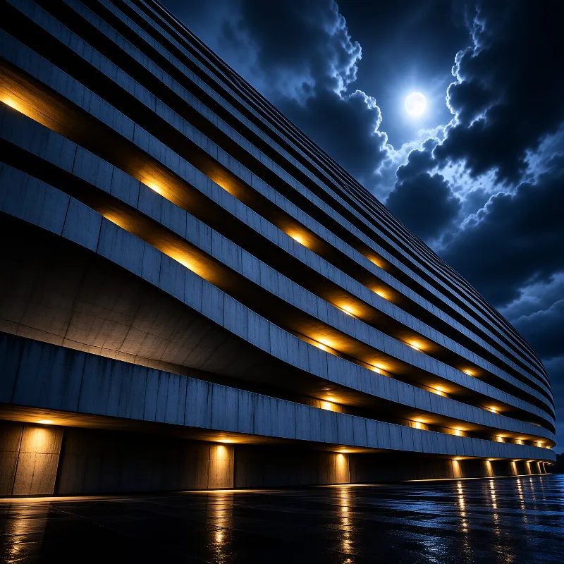 A large curved concrete stadium with warm interior lighting glowing between horizontal tiers against a dark sky with a bright full moon.