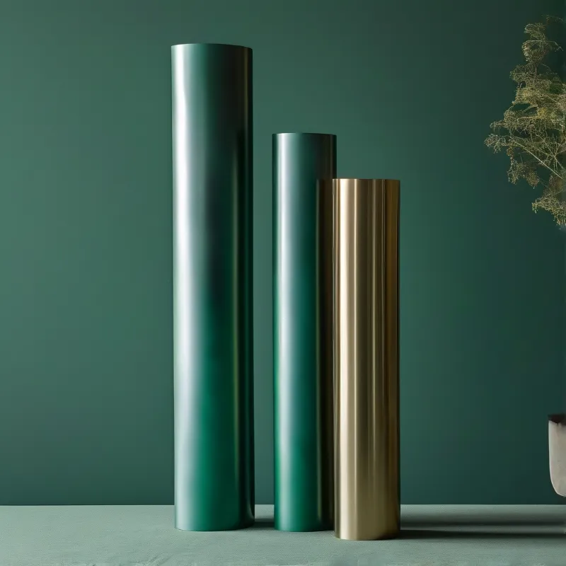 Polished teal and gold columns stand vertically against a matching green wall with soft vertical highlights.