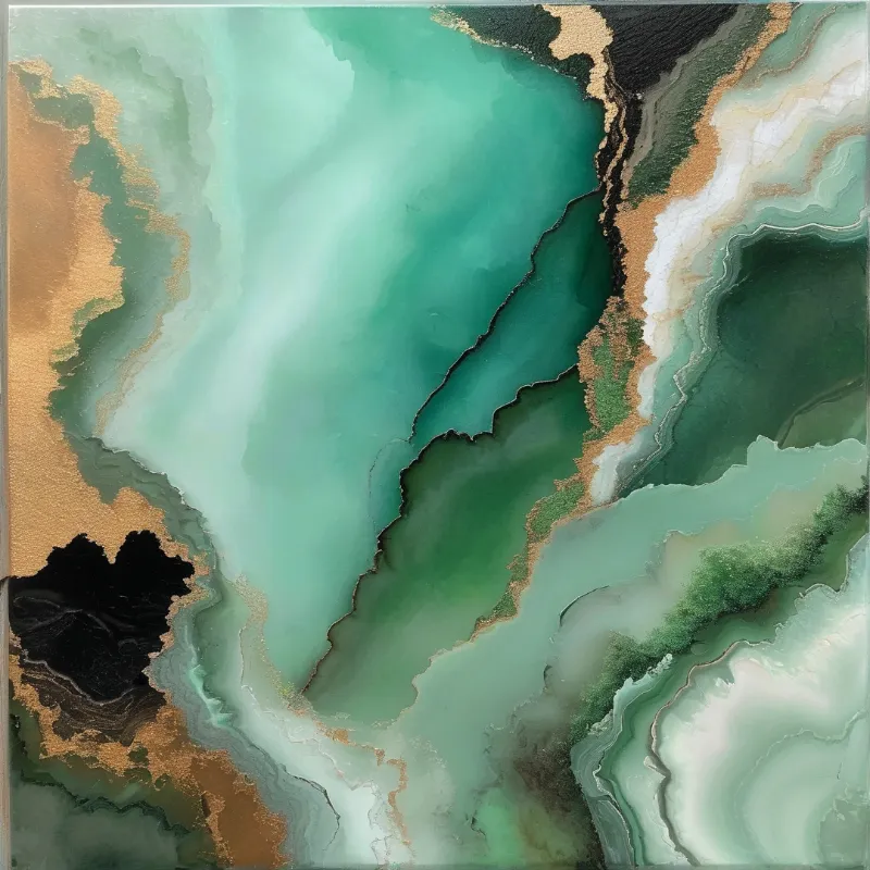 This abstract composition displays flowing bands of turquoise and green mixed with metallic gold and dark accents