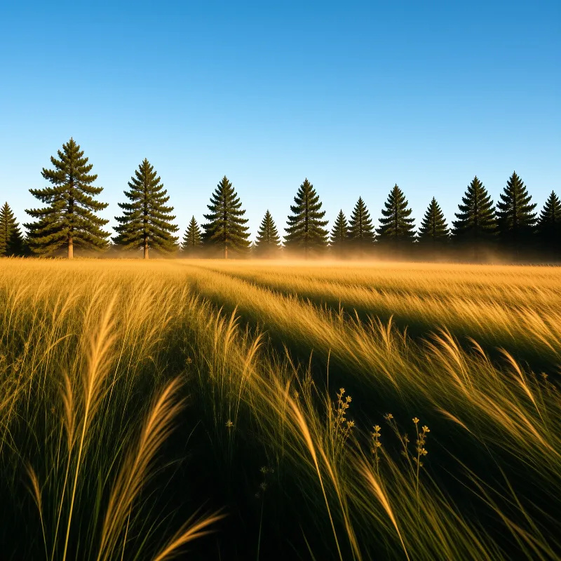 A vast field of tall golden grass stretches towards a row of evergreen trees under a clear blue sky.