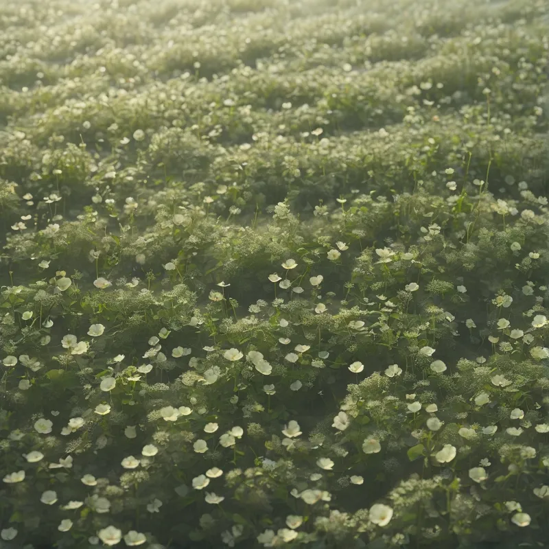 Numerous small white flowers scattered across a lush green meadow bathed in hazy morning light.