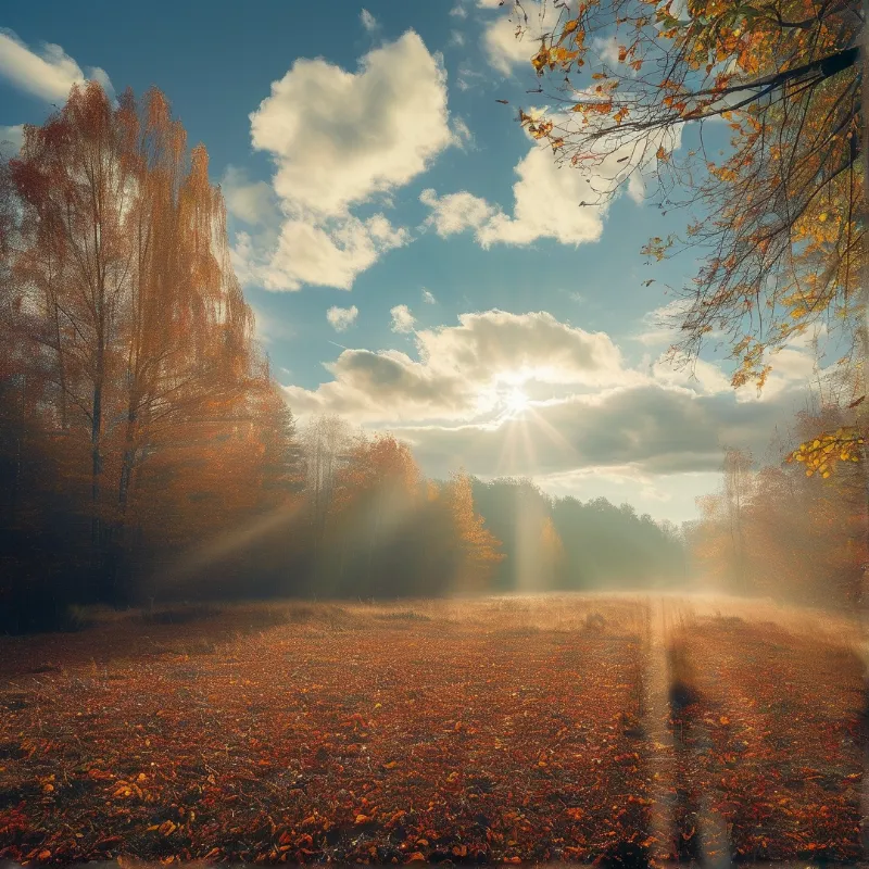 Sunlight streams through clouds illuminating a field covered in orange autumn leaves with trees on the sides.