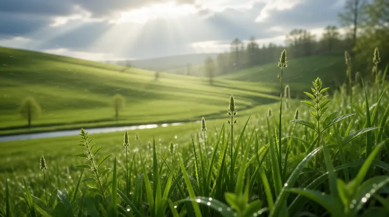 Green Landscape with River and Sunlight