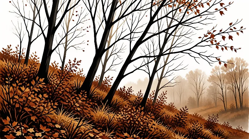 Amber and burnt orange foliage fills the forest floor while dark trunks rise into a misty pale distance.