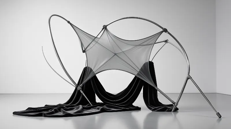 A modern sculpture features a curved silver frame supporting grey mesh and black velvet fabric against a white background.