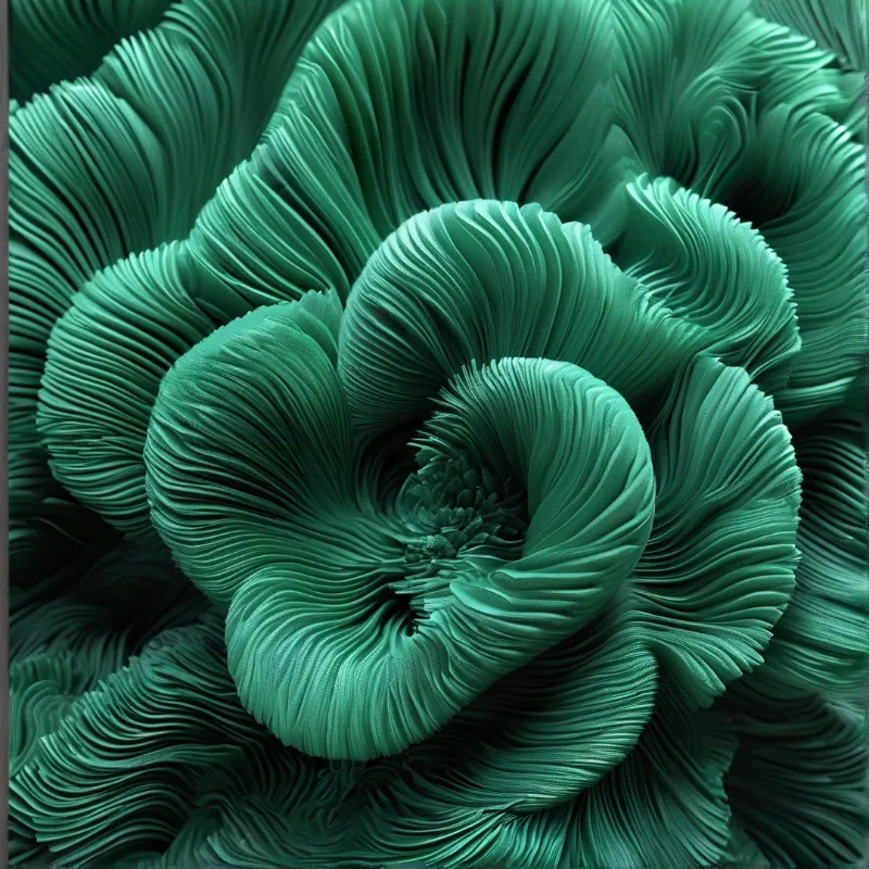 Intricate layers of turquoise material curve inward to form a spiral pattern with deep shadows.