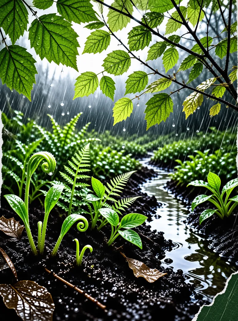 Vibrant vegetation emerges from dark earth near a waterway as precipitation streams down from tree branches.