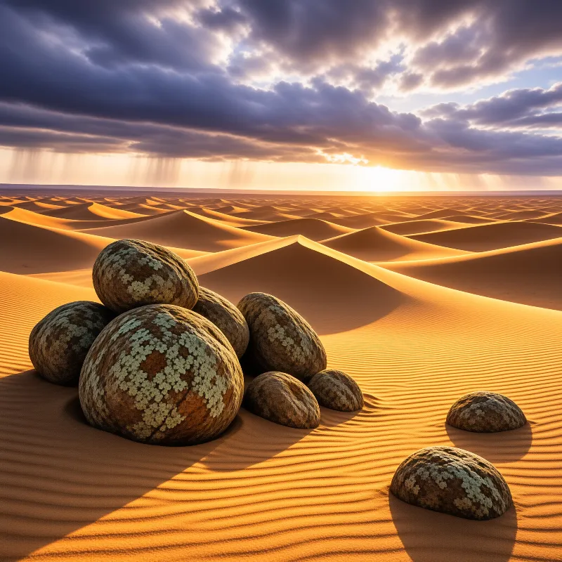 Rounded boulders covered in pale lichen rest on rippled orange sand dunes beneath a dramatic sky with golden sunbeams