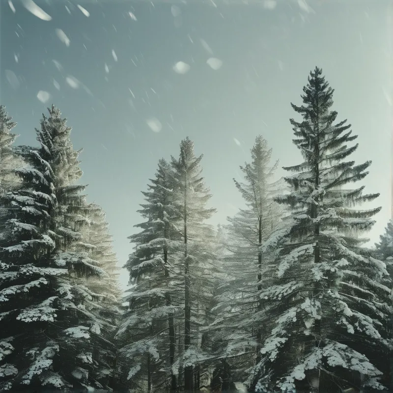 Tall coniferous trees are laden with white snow while flakes fall through a soft pale blue sky in a quiet forest scene.