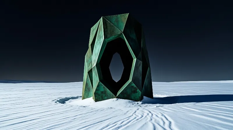 Green metal object with a hexagonal opening stands isolated on a wind swept snowy field under a dark twilight sky.