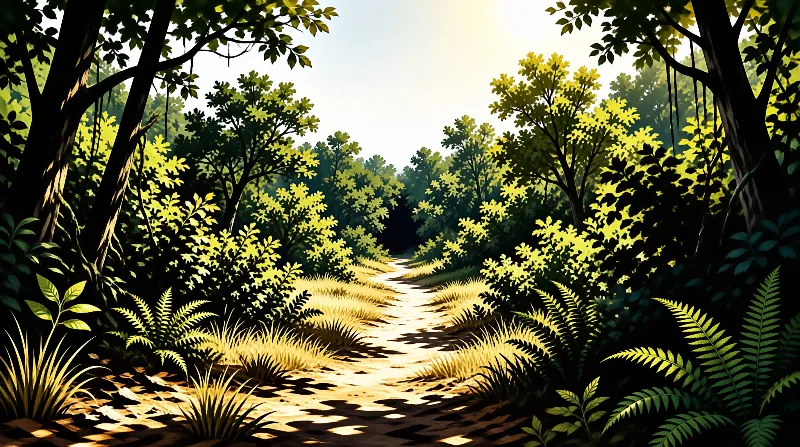 A dirt trail winds through dense woods where bright sunlight breaks through the canopy in warm dappled patches.