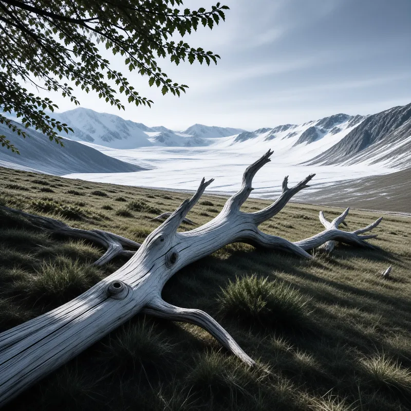 A bleached fallen tree lies across grass while snow ridges rise over a frozen valley.