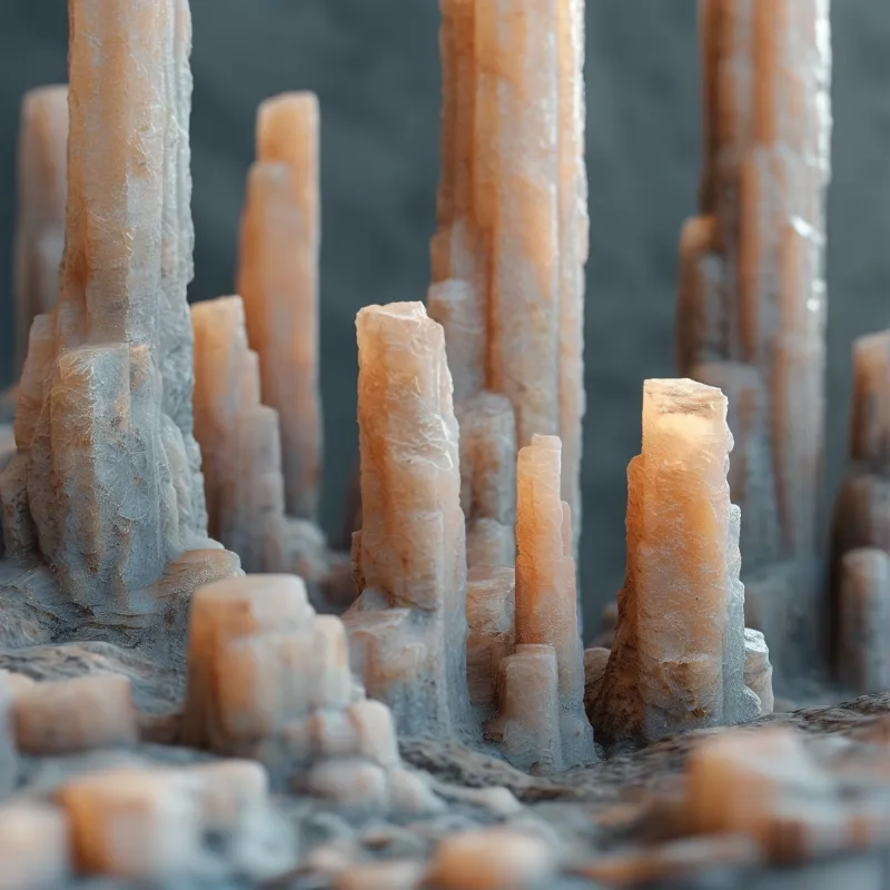 Translucent orange mineral spires rise from rocky cave floor with cool blue grey background