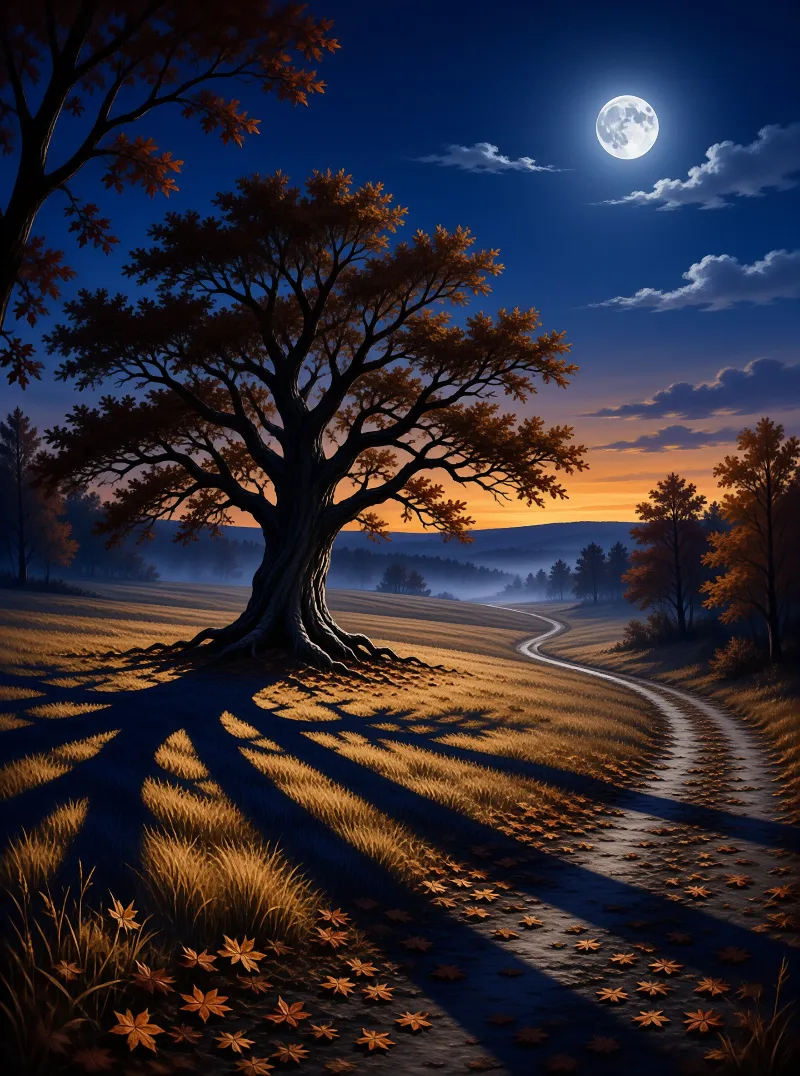 A gnarled oak stands beside a winding country road across golden autumn fields under a bright full moon and deep blue dusk sky.