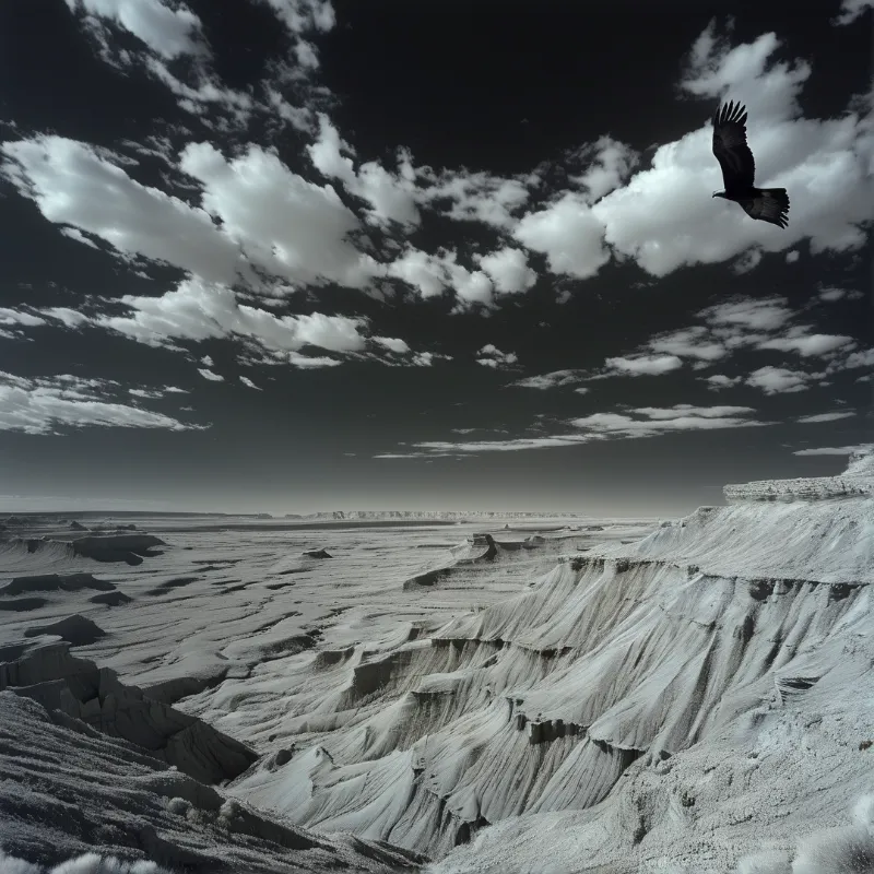 A large bird of prey glides through a cloudy sky above vast white eroded canyon formations in black and white.