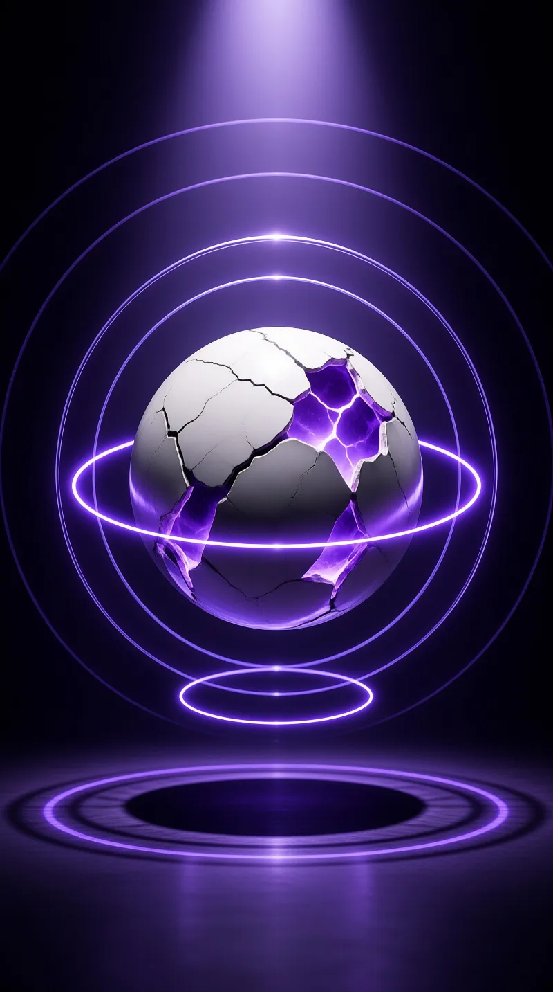 A cracked orb floats inside concentric rings of purple light against a black backdrop with a spotlight shining from above.