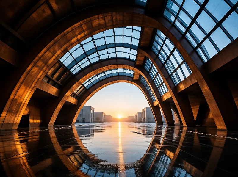 A symmetrical modern building with a tall copper arch and glass skylights reflects bright sun and city skyline on wet floor.