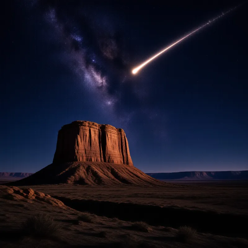 A solitary reddish butte stands illuminated against a dark desert horizon while a bright meteor streaks across a starry sky filled with the Milky Way.