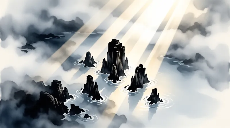 Jagged black rock formations rise from a misty white expanse illuminated by streaks of golden light.