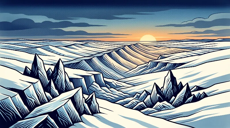 Stylized blue mountains and dunes stretch toward a glowing sun on the horizon under a cloudy sky.