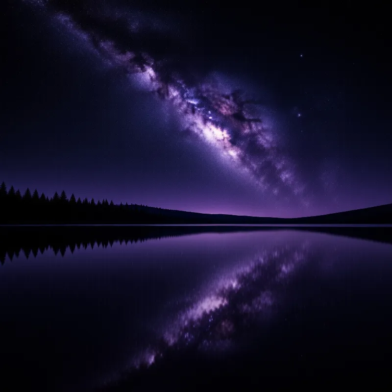 Vibrant purple Milky Way spans the night sky above silhouetted trees and reflects in the calm lake water.