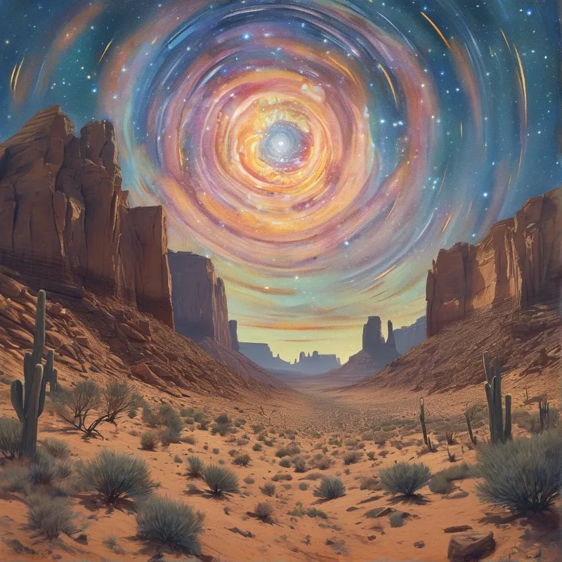 A spiraling galaxy with vibrant orange and blue colors dominates the night sky above a desert canyon with red rock formations and cactuses.