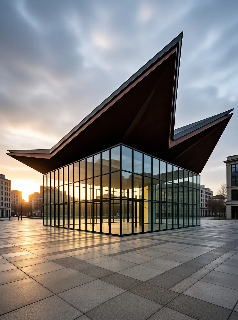 A modern glass building with a sharp dark roof stands on a paved square while the setting sun illuminates the glass facade.