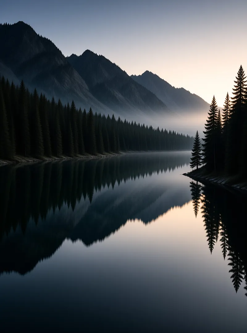 A calm body of water mirrors a dense line of evergreen trees and distant mountain peaks under a soft gradient sky.