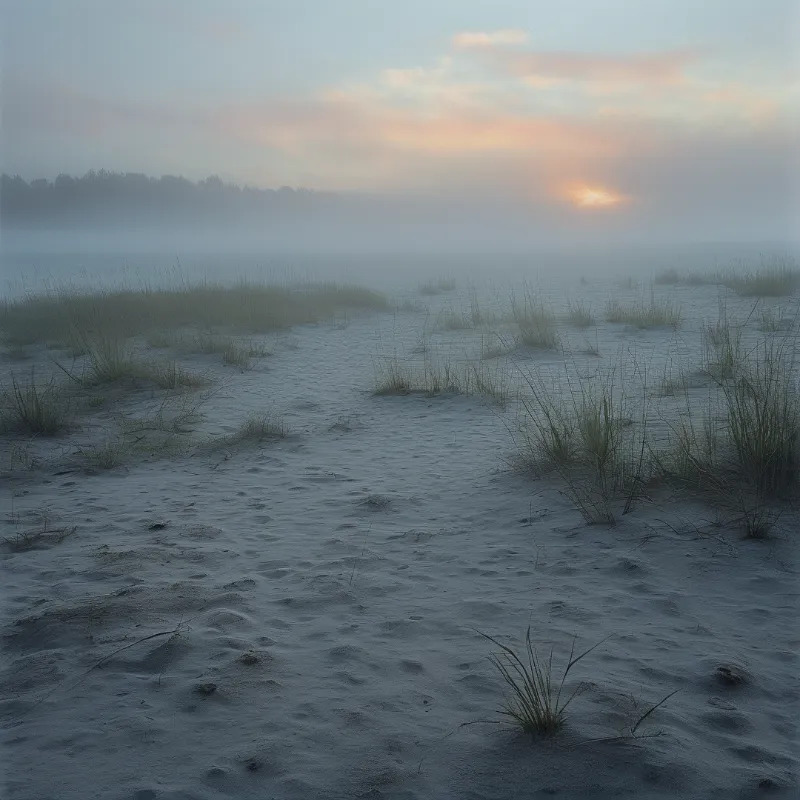 A quiet beach scene shows fog covering the water while the sun rises behind a distant tree line.