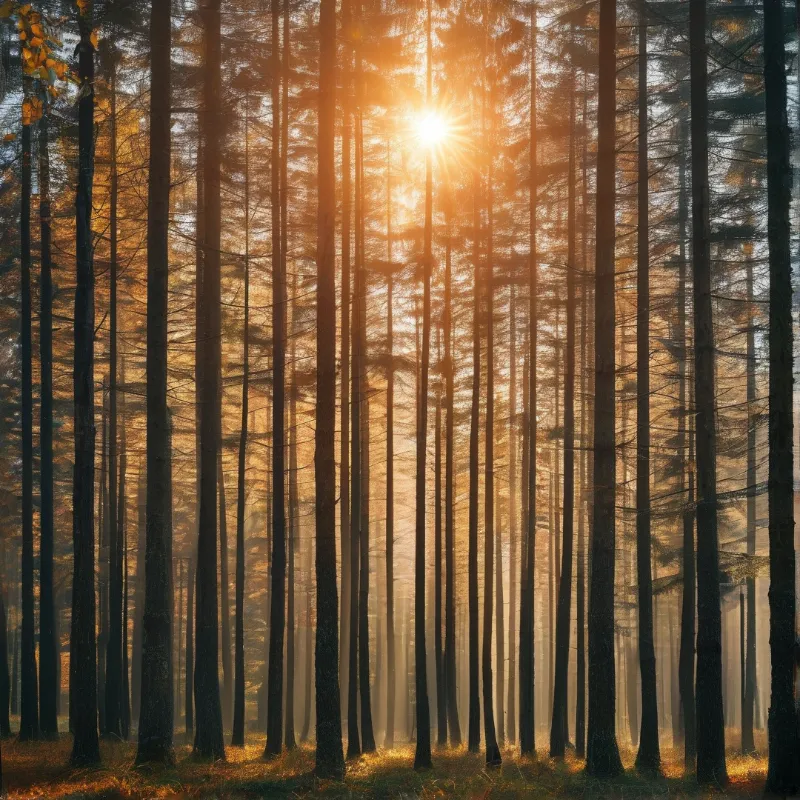 A dense stand of tall slender trees is bathed in golden sunlight breaking through their upper branches at dawn.