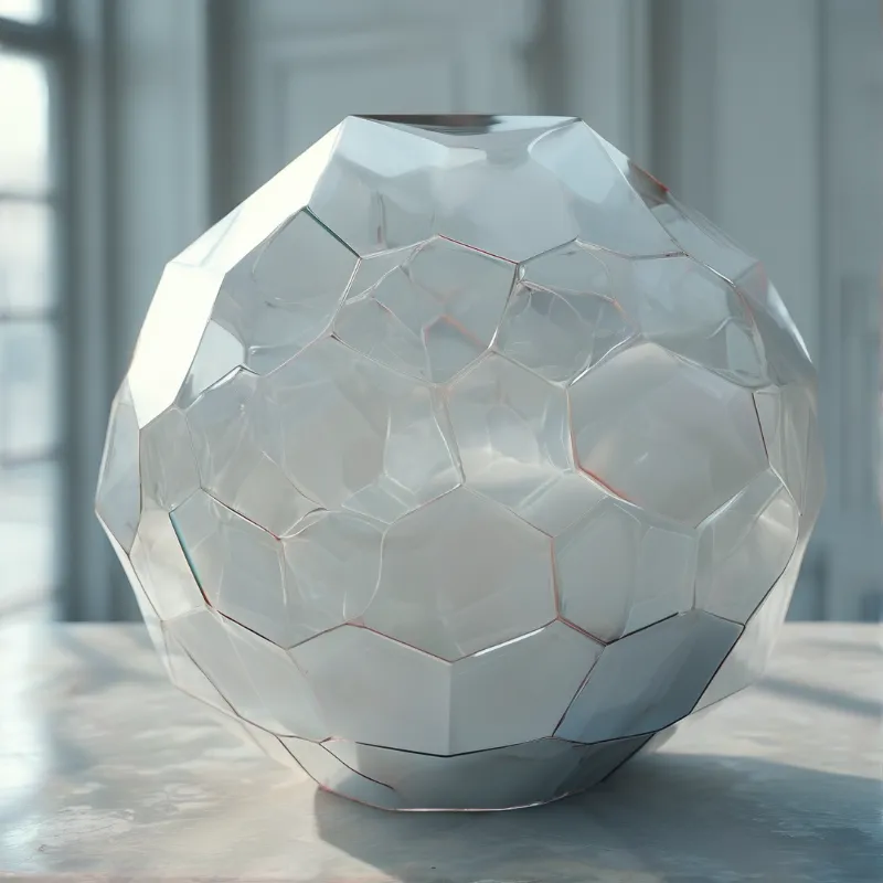 A large white faceted sphere sits on a smooth surface near a window casting soft shadows across its geometric planes.