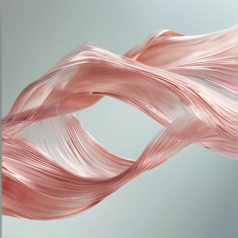 A flowing arrangement of pink translucent strands curves gracefully against a pale grey background.