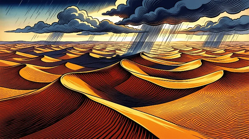 Illustrated landscape showing orange desert hills with dark clouds raining down against a pale yellow sky.