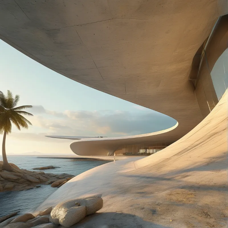 A sweeping white structure flows over a rocky beach beside a palm tree during golden hour lighting.