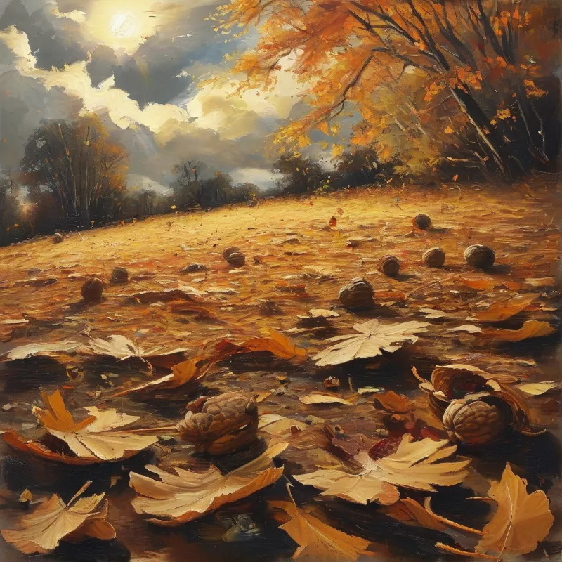A landscape painting features pumpkins and fallen leaves covering a hillside under a dramatic cloudy sky with bright sunlight.