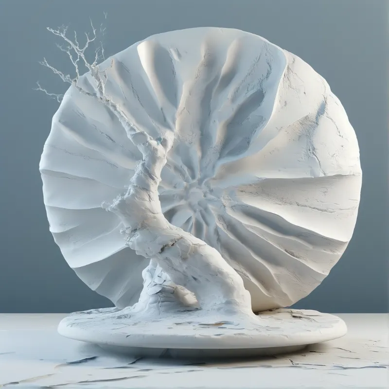 A white sculpture with a twisted trunk stands before a large pleated circular fan shape on a base against a blue background.
