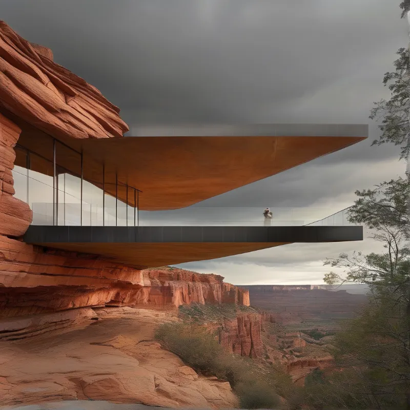 A cantilevered building with wooden ceilings and glass walls protrudes from a striated red cliff face under grey storm clouds.