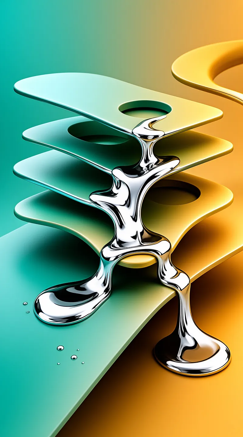 Shiny reflective chrome liquid pours down a stack of gradient teal and golden slanted platforms with circular cutouts.