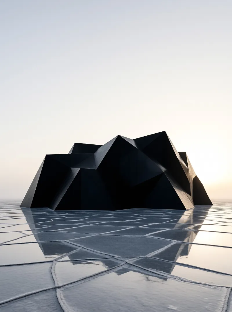 A faceted black mass sits low on a pale reflective ground etched with pale seams under a soft gradient sky.