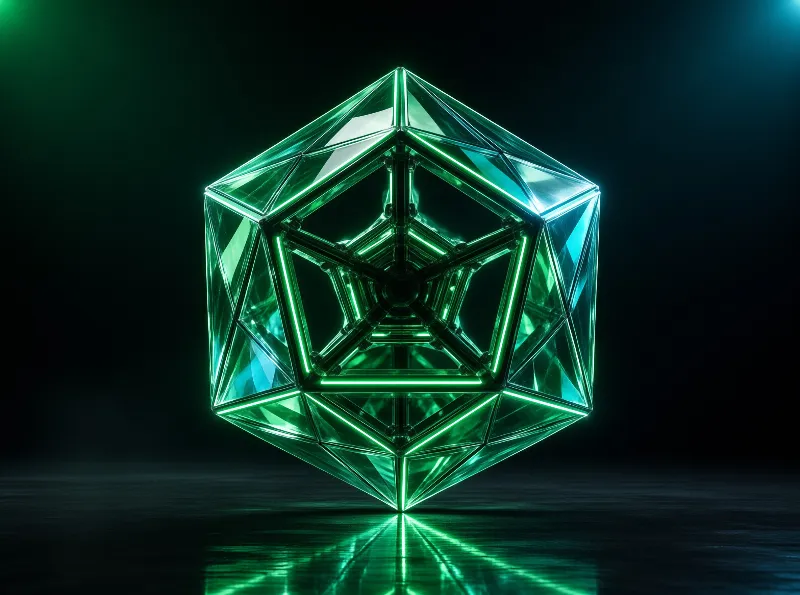 A complex geometric crystal structure emits a bright neon green light while sitting on a dark reflective surface.